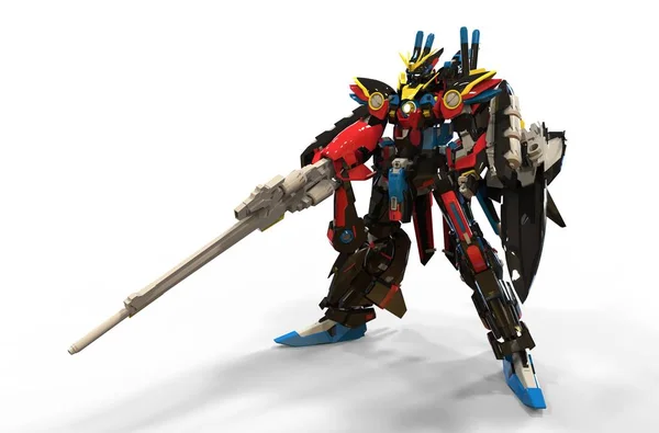 yalıtılmış bir arka plan üzerinde bir savaş robotu duran 3D render