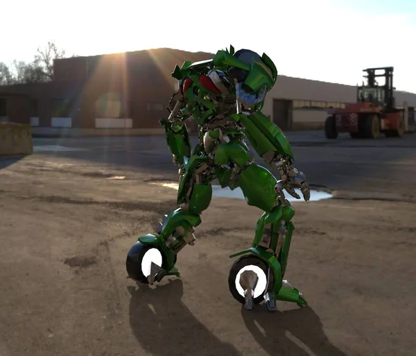 Научно Фантастический Механик Стоящий Ландшафтном Фоне Военный Футуристический Робот Зеленым — стоковое фото