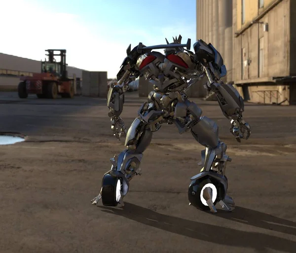 Μηχανικός Επιστημονικής Φαντασίας Που Στέκεται Φόντο Τοπίου Στρατιωτικό Φουτουριστικό Ρομπότ — Φωτογραφία Αρχείου