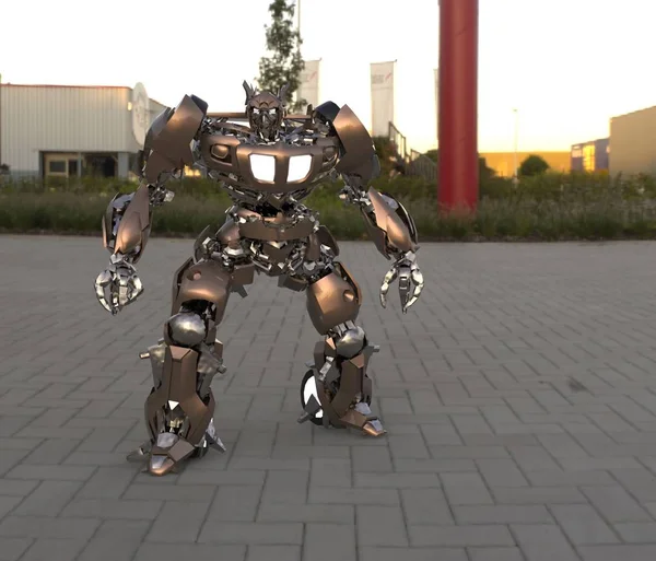 Μηχανικός Επιστημονικής Φαντασίας Που Στέκεται Φόντο Τοπίου Στρατιωτικό Φουτουριστικό Ρομπότ — Φωτογραφία Αρχείου