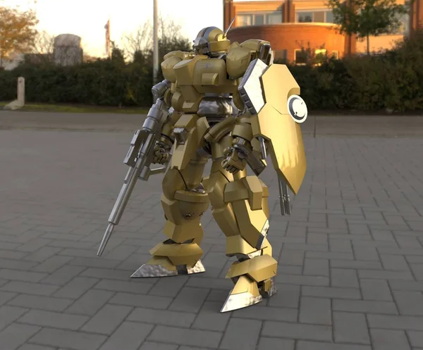 Sci Mech Soldat Picioare Fundal Peisaj Robotul Futurist Militar Metal — Fotografie, imagine de stoc