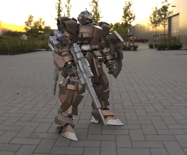 Sci Soldado Mech Sobre Fundo Paisagem Robô Futurista Militar Com — Fotografia de Stock