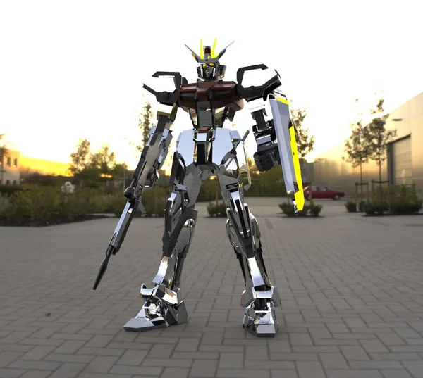 Sci Mech Soldaat Staande Een Landschaps Achtergrond Militaire Futuristische Robot — Stockfoto