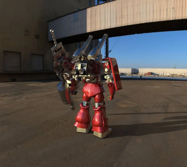 風景の背景に立っているSfメカの兵士 緑と灰色の金属を持つ軍事未来的なロボット パイロットによって制御されるメカ 傷ついた金属装甲ロボット メカバトル レンダリング — ストック写真