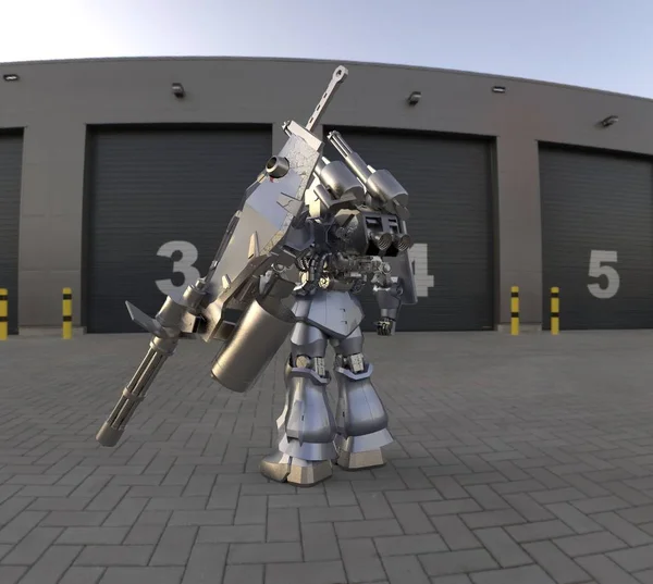 Sci Mech Soldat Som Står Landskaps Bakgrund Militär Futuristisk Robot — Stockfoto