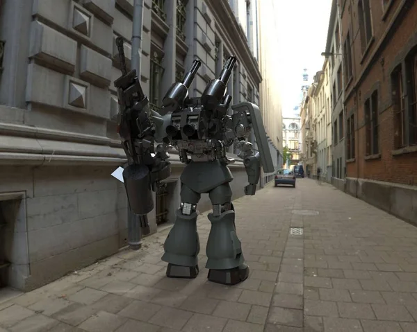 Sci Soldat Landskapsbakgrunn Militær Futuristisk Robot Med Grønt Grått Metall – stockfoto