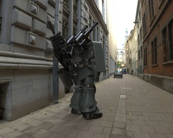 Sci Mech Żołnierz Stoi Tle Krajobrazu Wojskowy Futurystyczny Robot Zielonym — Zdjęcie stockowe