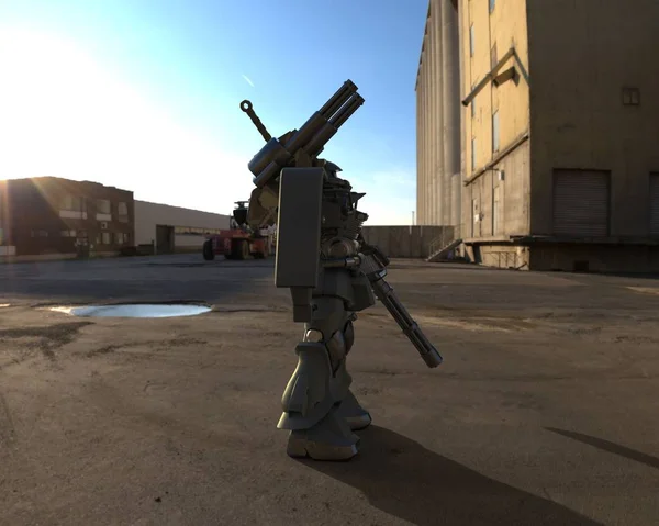 Soldat Mécanicien Science Fiction Debout Sur Fond Paysage Robot Militaire — Photo