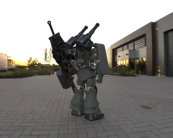 Sci Mech Soldat Som Står Landskaps Bakgrund Militär Futuristisk Robot — Stockfoto