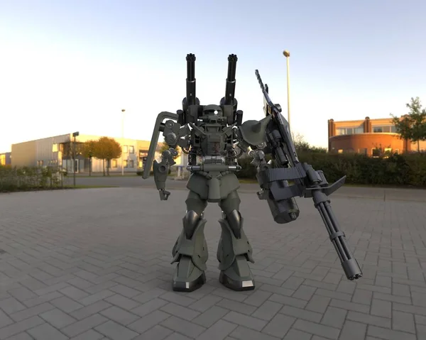 Sci Mech Katona Állt Táj Hátterét Katonai Futurisztikus Robot Egy — Stock Fotó