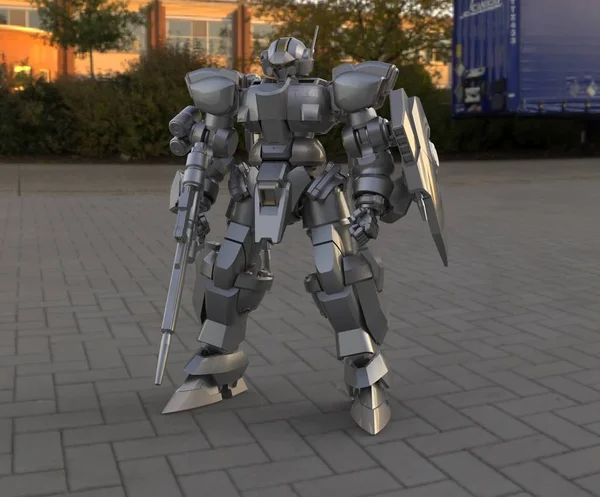 科幻的麦奇士兵站在风景背景上 军事未来机器人与绿色和灰色金属 由飞行员控制的梅奇划伤的金属盔甲机器人 梅奇之战3D — 图库照片