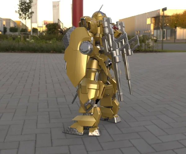 Sci Mech Soldat Picioare Fundal Peisaj Robotul Futurist Militar Metal — Fotografie, imagine de stoc