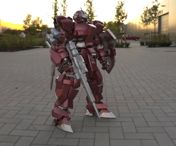 Soldat Mécanicien Science Fiction Debout Sur Fond Paysage Robot Militaire — Photo