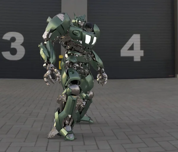 Sci Хутро Солдата Стоячи Фоні Ландшафту Військовий Футуристичний Робот Зеленим — стокове фото
