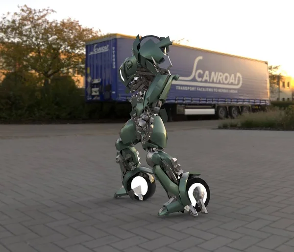 Sci Mech Katona Állt Táj Hátterét Katonai Futurisztikus Robot Egy — Stock Fotó