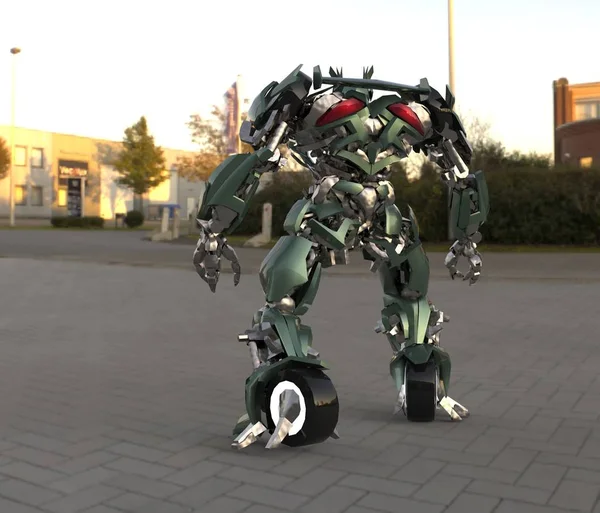 Научно Фантастический Механик Стоящий Ландшафтном Фоне Военный Футуристический Робот Зеленым — стоковое фото