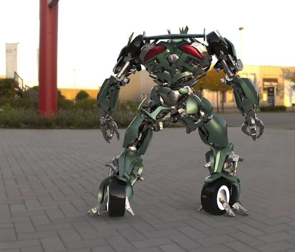 Sci Mech Żołnierz Stoi Tle Krajobrazu Wojskowy Futurystyczny Robot Zielonym — Zdjęcie stockowe
