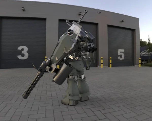 Soldat Mécanicien Science Fiction Debout Sur Fond Paysage Robot Militaire — Photo