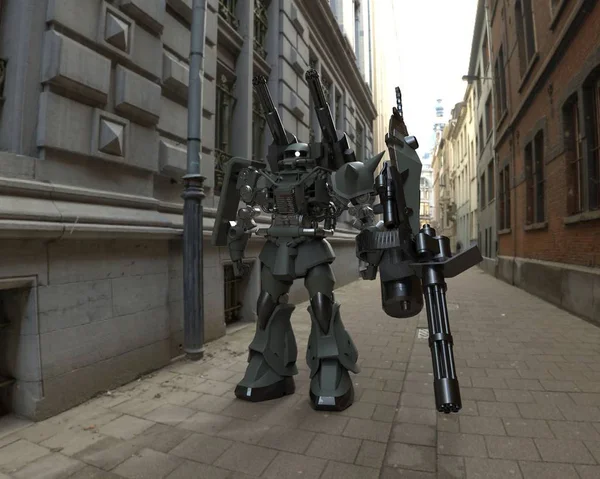 Sci Soldat Landskapsbakgrunn Militær Futuristisk Robot Med Grønt Grått Metall – stockfoto