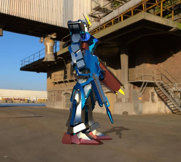 科幻的麦奇士兵站在风景背景上 军事未来机器人与绿色和灰色金属 由飞行员控制的梅奇划伤的金属盔甲机器人 梅奇之战3D — 图库照片