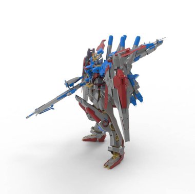 Beyaz bir arka plan üzerinde duran bilim kurgu mech asker. Yeşil ve gri renk metal ile askeri fütüristik robot. Mech bir pilot tarafından kontrol ediliyor. Çizik metal zırh robotu. Mech Savaşı. 3d render