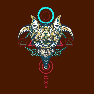 Vektör illüstrasyon. robot kutsal geometri. T-shirt tasarımı, poster, çıkartma için. Çizgi Stili. - Vektör