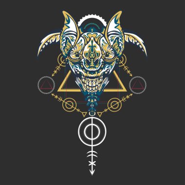 Vektör illüstrasyon. robot kutsal geometri. T-shirt tasarımı, poster, çıkartma için. Çizgi Stili. - Vektör