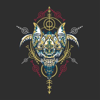 Vektör illüstrasyon. robot kutsal geometri. T-shirt tasarımı, poster, çıkartma için. Çizgi Stili. - Vektör