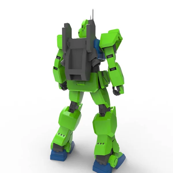 Soldato fantascientifico in piedi su uno sfondo bianco. Robot futuristico militare con metallo di colore verde e grigio. Mech controllato da un pilota. Robot con armatura in metallo graffiato. Battaglia di Mech. Rendering 3D — Foto Stock