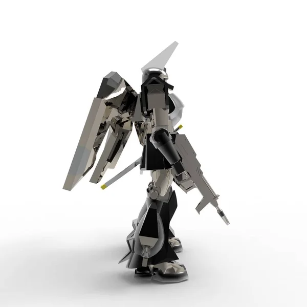 Sci-fi soldado mech em pé sobre um fundo branco. Robô futurista militar com um metal de cor verde e cinza. Mecha controlada por um piloto. Robô de armadura de metal riscado. Batalha de Mech. Renderização 3D — Fotografia de Stock