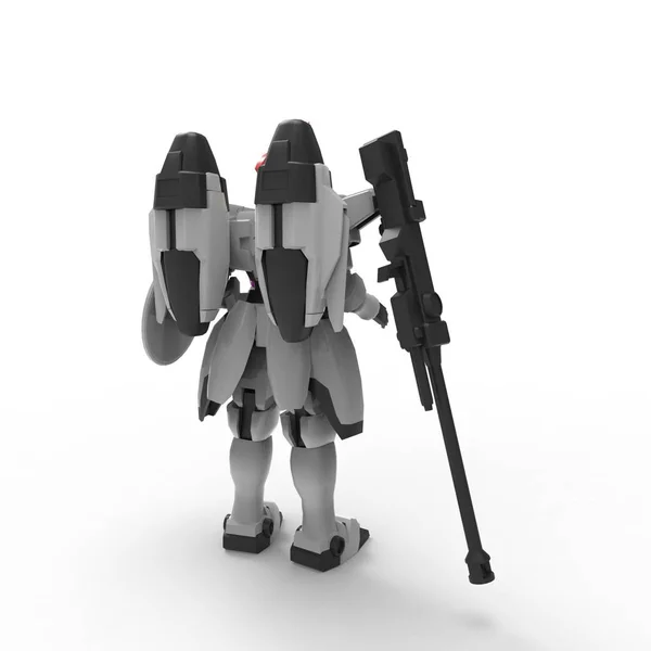 Beyaz bir arka plan üzerinde duran bilim kurgu mech asker. Yeşil ve gri renk metal ile askeri fütüristik robot. Mech bir pilot tarafından kontrol ediliyor. Çizik metal zırh robotu. Mech Savaşı. 3d render — Stok fotoğraf