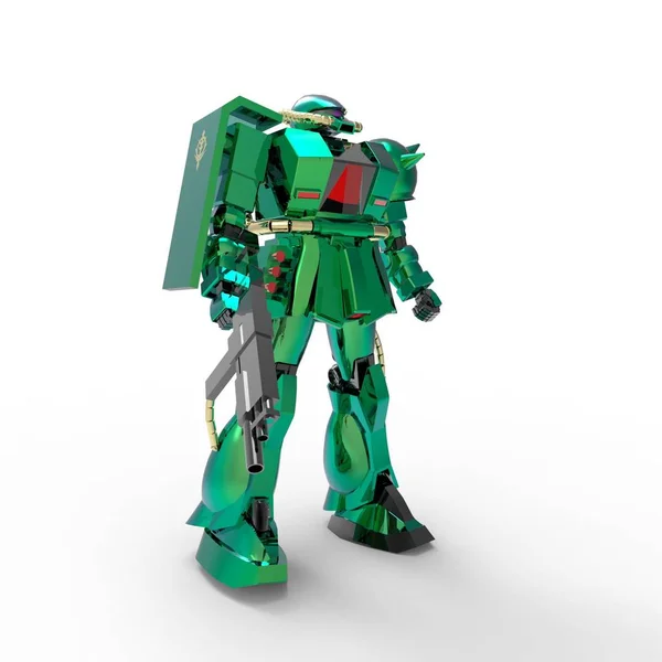 Soldat de science-fiction sur fond blanc. Robot militaire futuriste avec un métal de couleur vert et gris. Mech contrôlé par un pilote. Robot blindé en métal rayé. Bataille de Mech. rendu 3D — Photo