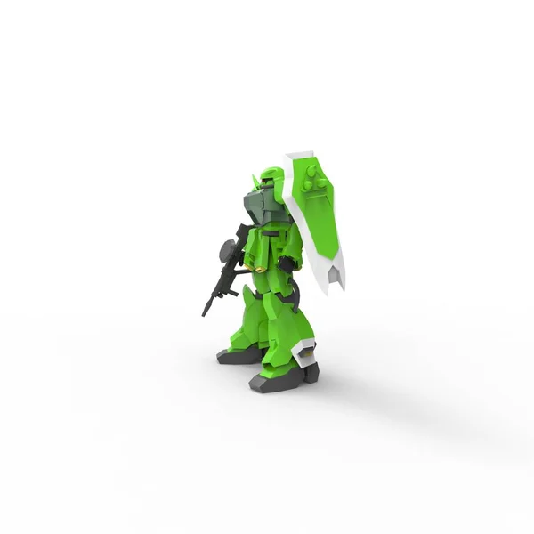 Sci-fi soldado mech em pé sobre um fundo branco. Robô futurista militar com um metal de cor verde e cinza. Mecha controlada por um piloto. Robô de armadura de metal riscado. Batalha de Mech. Renderização 3D — Fotografia de Stock