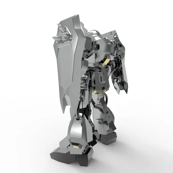 Sci-Fi Mech soldaat die op een witte achtergrond staat. Militaire futuristische robot met een groene en grijze kleur metaal. Mech bestuurd door een piloot. Bekraste metalen Armor robot. Mech-strijd. 3D-rendering — Stockfoto