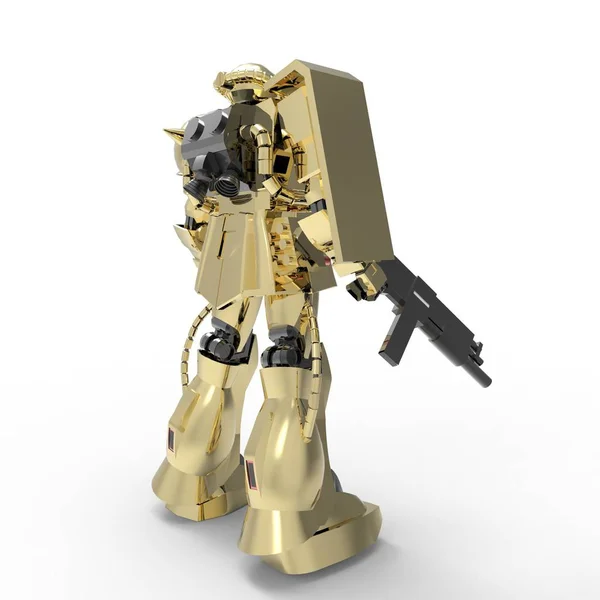 Science-Fiction-Mechaniker auf weißem Hintergrund. militärische futuristische Roboter mit einer grünen und grauen Farbe Metall. mech, das von einem Piloten gesteuert wird. zerkratzte Metallpanzerroboter. mech Schlacht. 3D-Darstellung — Stockfoto