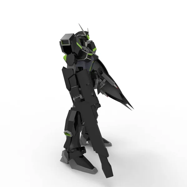 Beyaz bir arka plan üzerinde duran bilim kurgu mech asker. Yeşil ve gri renk metal ile askeri fütüristik robot. Mech bir pilot tarafından kontrol ediliyor. Çizik metal zırh robotu. Mech Savaşı. 3d render — Stok fotoğraf