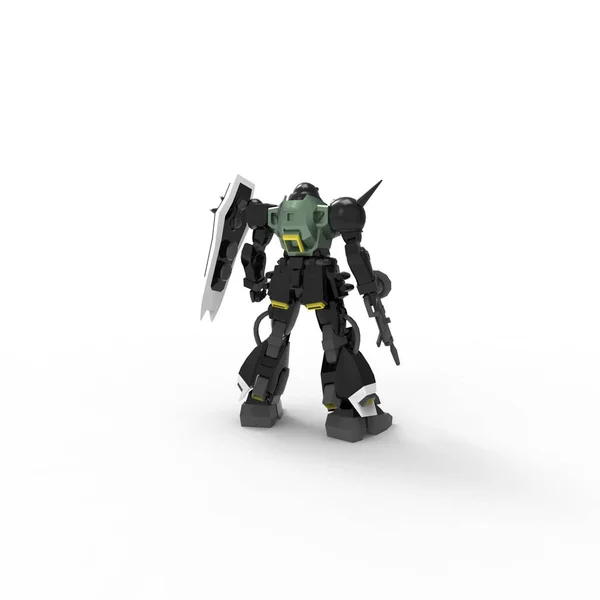 Sci-Fi mech voják stojící na bílém pozadí. Vojenský futuristický robot se zeleným a šedým barevným kovem. Mech řízen pilotem. Poškrábaný kovový robot. Mech bitva. prostorové vykreslování — Stock fotografie