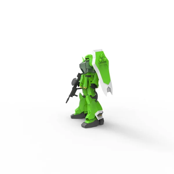 Soldado mecánico de ciencia ficción parado sobre un fondo blanco. Robot futurista militar con metal de color verde y gris. Mech controlado por un piloto. Robot de armadura de metal rayado. Batalla Mech. Renderizado 3D — Foto de Stock