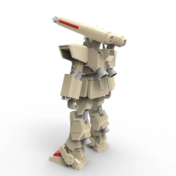 科幻的麦奇士兵站在白色背景上。军事未来机器人与绿色和灰色金属。由飞行员控制的梅奇划伤的金属盔甲机器人。梅奇之战3d 渲染 — 图库照片
