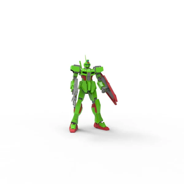 Sci-fi mech soldier standing on a white background. Military futuristic robot with a green and gray color metal. Mech controlled by a pilot. Scratched metal armor robot. Mech Battle. 3D rendering — Stock Photo, Image