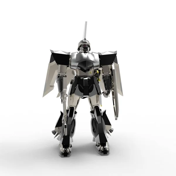 Beyaz bir arka plan üzerinde duran bilim kurgu mech asker. Yeşil ve gri renk metal ile askeri fütüristik robot. Mech bir pilot tarafından kontrol ediliyor. Çizik metal zırh robotu. Mech Savaşı. 3d render — Stok fotoğraf