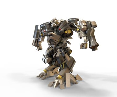Sci-fi mech asker bir manzara arka plan üzerinde duruyor. Yeşil ve gri renk metal ile askeri fütüristik robot. Mech bir pilot tarafından kontrol ediliyor. Çizik metal zırh robotu. Mech Savaşı. 3d render