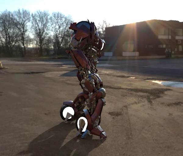 ทหาร Sci-fi mech ยืนอยู่บนพื้นหลังภูมิทัศน์ หุ่นยนต์ในอนาคตทางทหารที่มีโลหะสีเขียวและสีเทา เมชควบคุมโดยนักบิน หุ่นยนต์เกราะโลหะขีดข่วน สงครามมีช การแสดงผล 3 มิติ — ภาพถ่ายสต็อก
