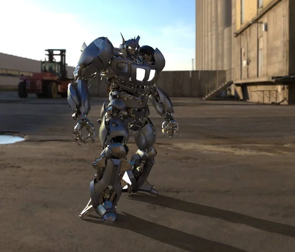 Sci-Fi Mech soldaat staande op een landschaps achtergrond. Militaire futuristische robot met een groene en grijze kleur metaal. Mech bestuurd door een piloot. Bekraste metalen Armor robot. Mech-strijd. 3D-rendering — Stockfoto