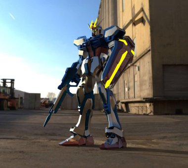 Sci-fi mech asker bir manzara arka plan üzerinde duruyor. Yeşil ve gri renk metal ile askeri fütüristik robot. Mech bir pilot tarafından kontrol ediliyor. Çizik metal zırh robotu. Mech Savaşı. 3d render