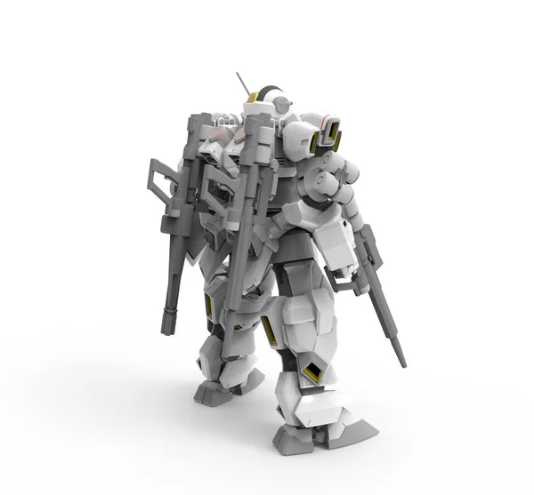 Sci-fi mech asker bir manzara arka plan üzerinde duruyor. Yeşil ve gri renk metal ile askeri fütüristik robot. Mech bir pilot tarafından kontrol ediliyor. Çizik metal zırh robotu. Mech Savaşı. 3d render — Stok fotoğraf