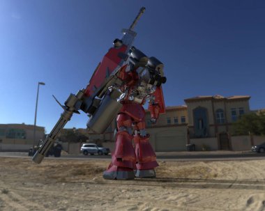 Sci-fi mech asker bir manzara arka plan üzerinde duruyor. Yeşil ve gri renk metal ile askeri fütüristik robot. Mech bir pilot tarafından kontrol ediliyor. Çizik metal zırh robotu. Mech Savaşı. 3d render