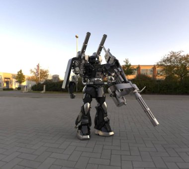 Sci-fi mech asker bir manzara arka plan üzerinde duruyor. Yeşil ve gri renk metal ile askeri fütüristik robot. Mech bir pilot tarafından kontrol ediliyor. Çizik metal zırh robotu. Mech Savaşı. 3d render