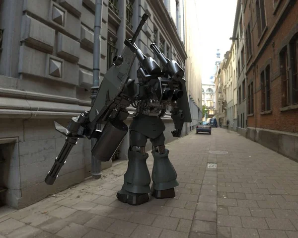 Sci-fi mech asker bir manzara arka plan üzerinde duruyor. Yeşil ve gri renk metal ile askeri fütüristik robot. Mech bir pilot tarafından kontrol ediliyor. Çizik metal zırh robotu. Mech Savaşı. 3d render — Stok fotoğraf