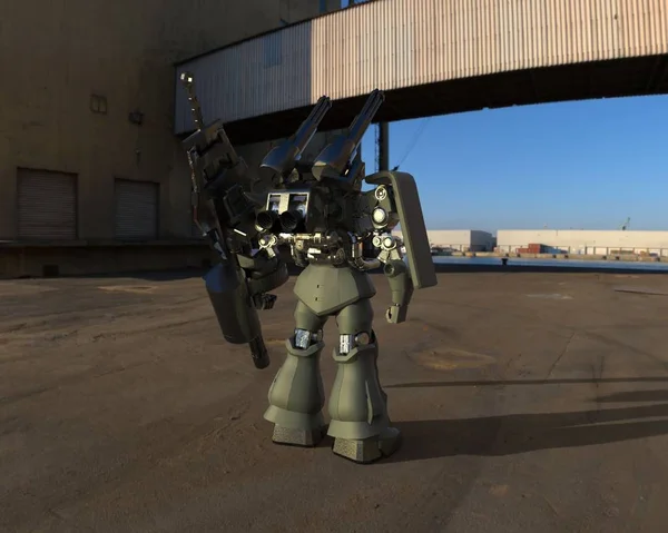 Sci-fi soldado mech em pé sobre um fundo paisagem. Robô futurista militar com um metal de cor verde e cinza. Mecha controlada por um piloto. Robô de armadura de metal riscado. Batalha de Mech. Renderização 3D — Fotografia de Stock